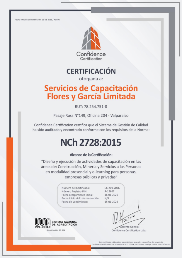 Certificación NCh 2728:2015 de Servicios de Capacitación Flores y García Limitada